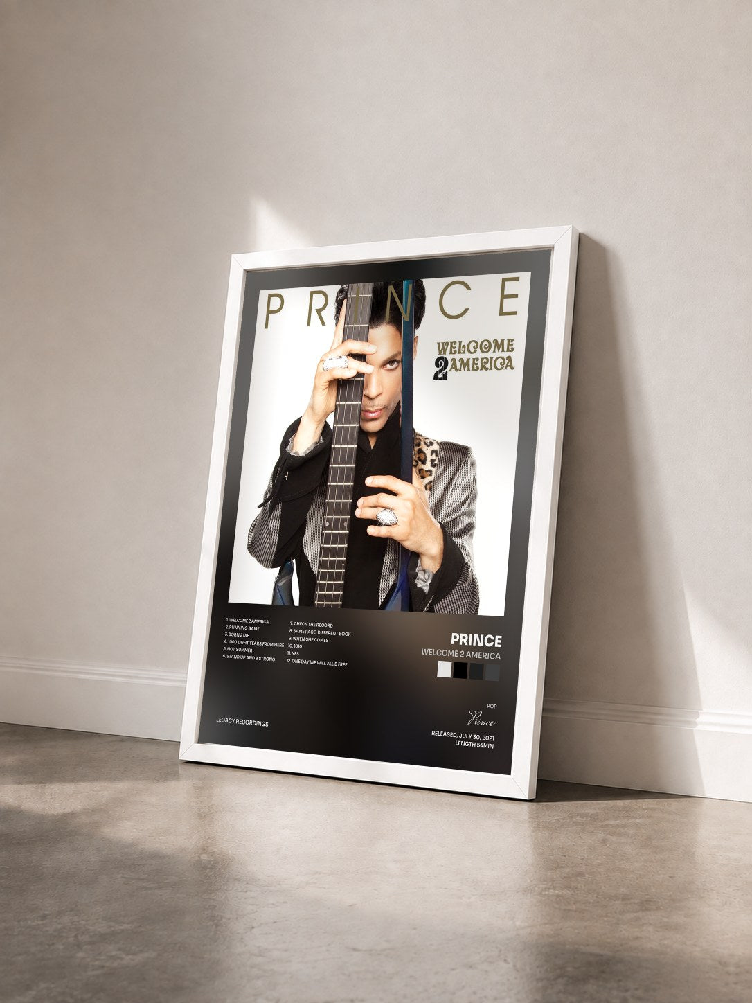 #blanc Tableau de l'album Welcome 2 America de Prince vu de trois quarts, cadre blanc