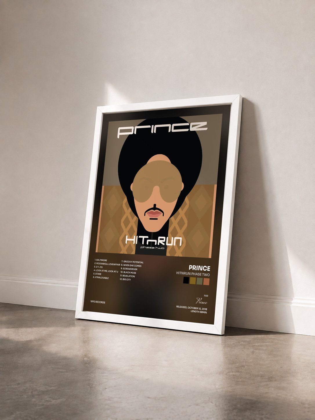 #blanc Tableau de l'album HITNRUN Phase Two de Prince vu de trois quarts, cadre blanc