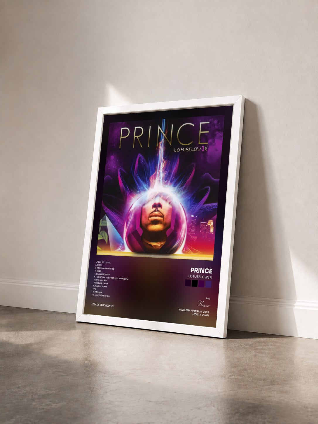 #blanc Tableau de l'album LOtUSFLOW3R de Prince vu de trois quarts, cadre blanc
