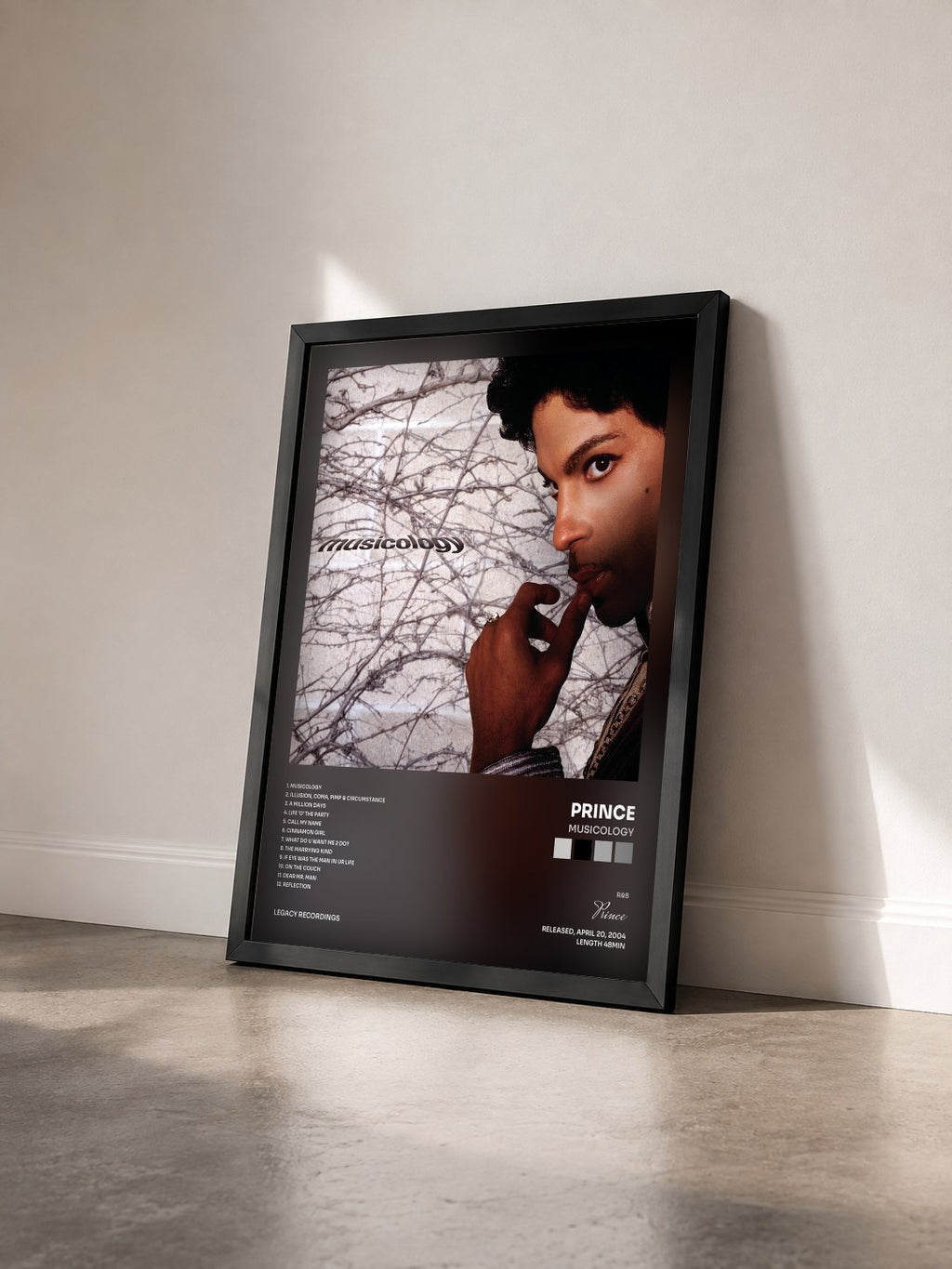 #noir Tableau de l'album Musicology de Prince vu de trois quarts, cadre noir