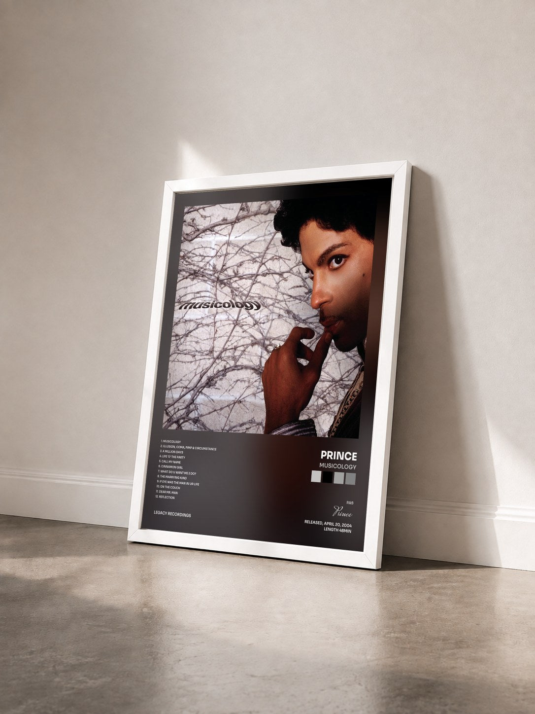 #blanc Tableau de l'album Musicology de Prince vu de trois quarts, cadre blanc