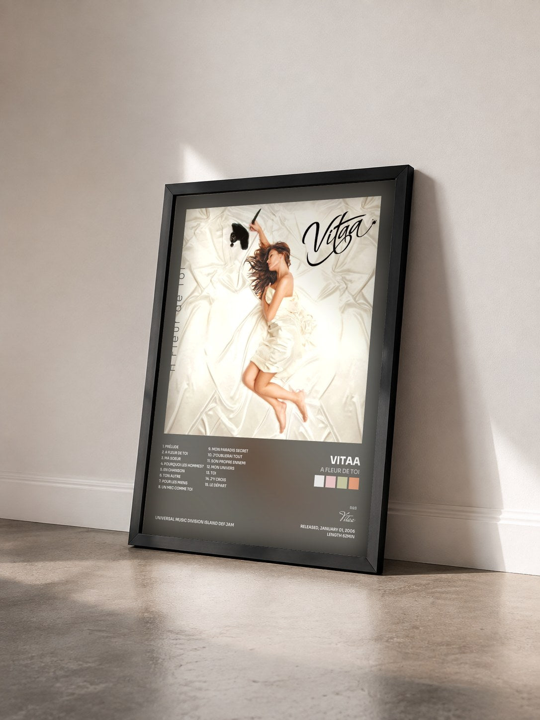#noir A Fleur De Toi by Vitaa as a framed art print seen at an angle, black frame