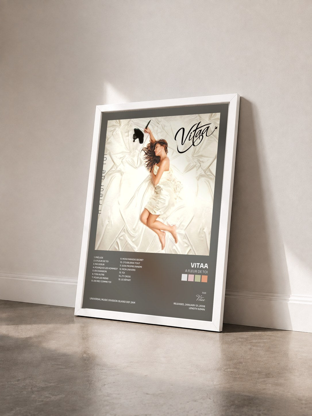 #blanc A Fleur De Toi by Vitaa as a framed art print seen at an angle, white frame