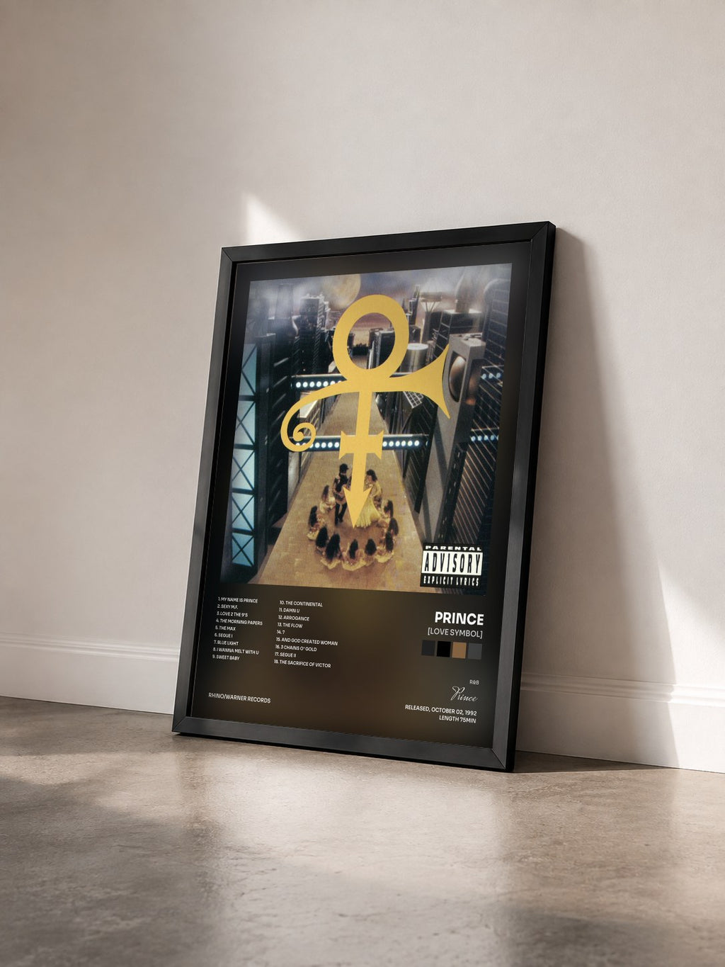 #noir Tableau de l'album [Love Symbol] de Prince vu de trois quarts, cadre noir