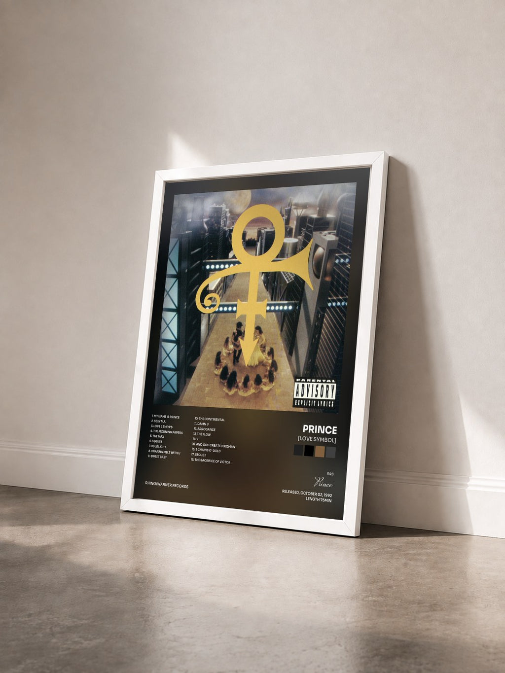 #blanc Tableau de l'album [Love Symbol] de Prince vu de trois quarts, cadre blanc