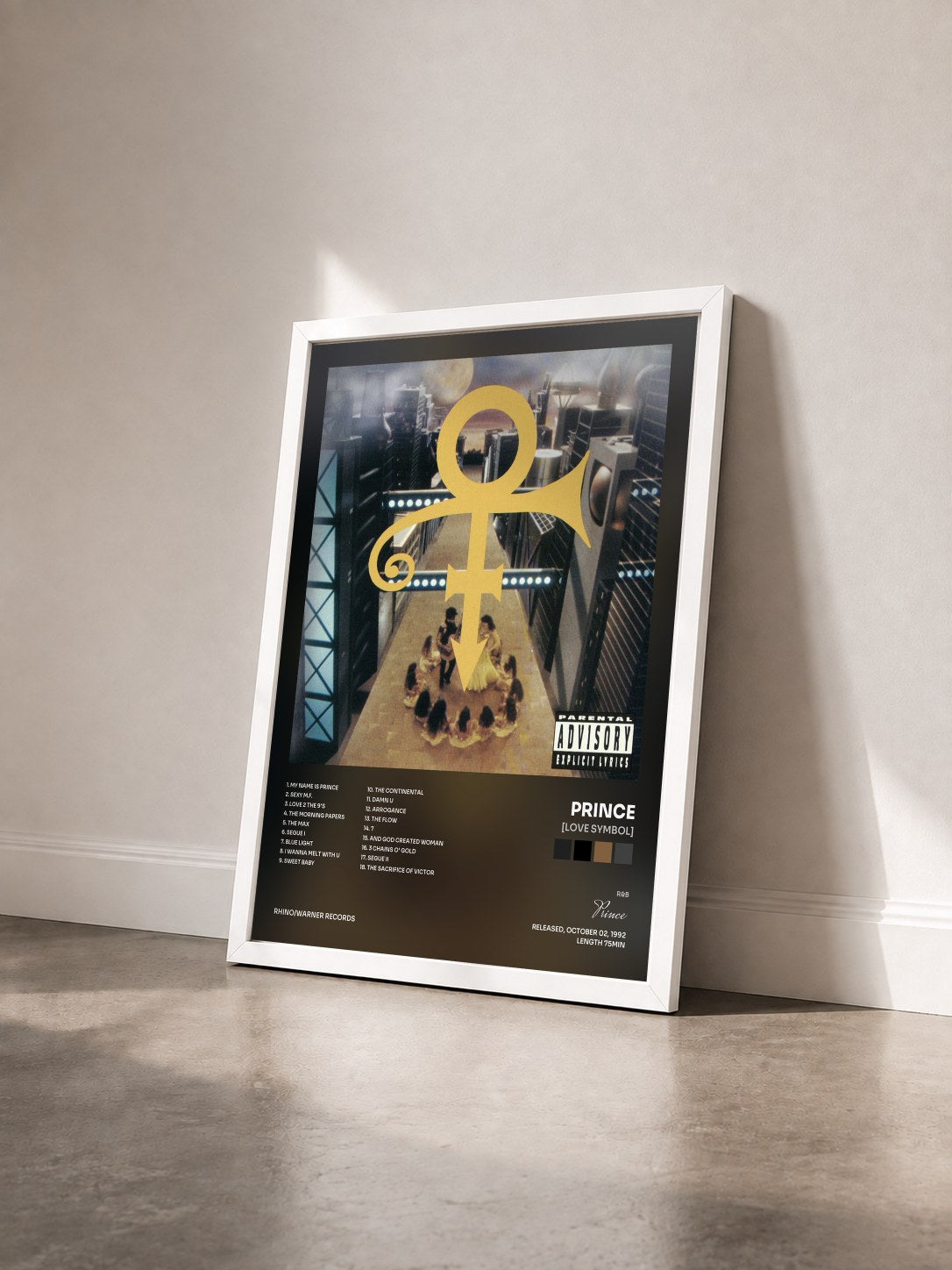 #blanc Tableau de l'album [Love Symbol] de Prince vu de trois quarts, cadre blanc