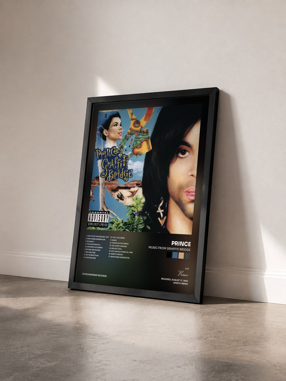 #noir Tableau de l'album Music from Graffiti Bridge de Prince vu de trois quarts, cadre noir