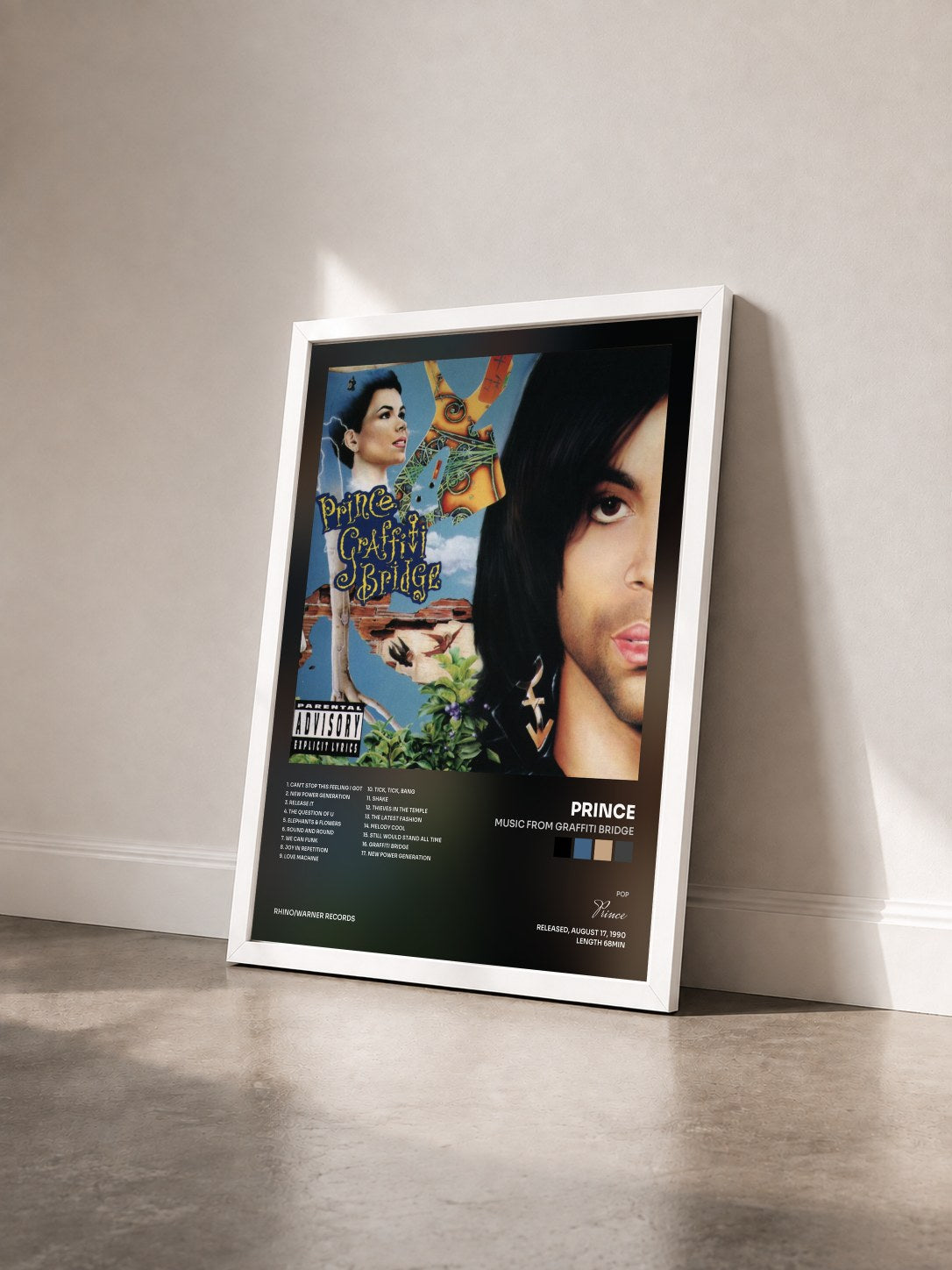 #blanc Tableau de l'album Music from Graffiti Bridge de Prince vu de trois quarts, cadre blanc