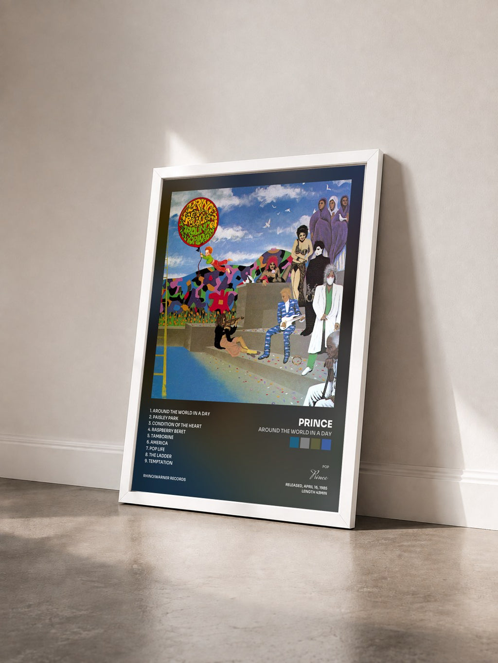 #blanc Around the World in a Day by Prince as a framed art print seen at an angle, white frame