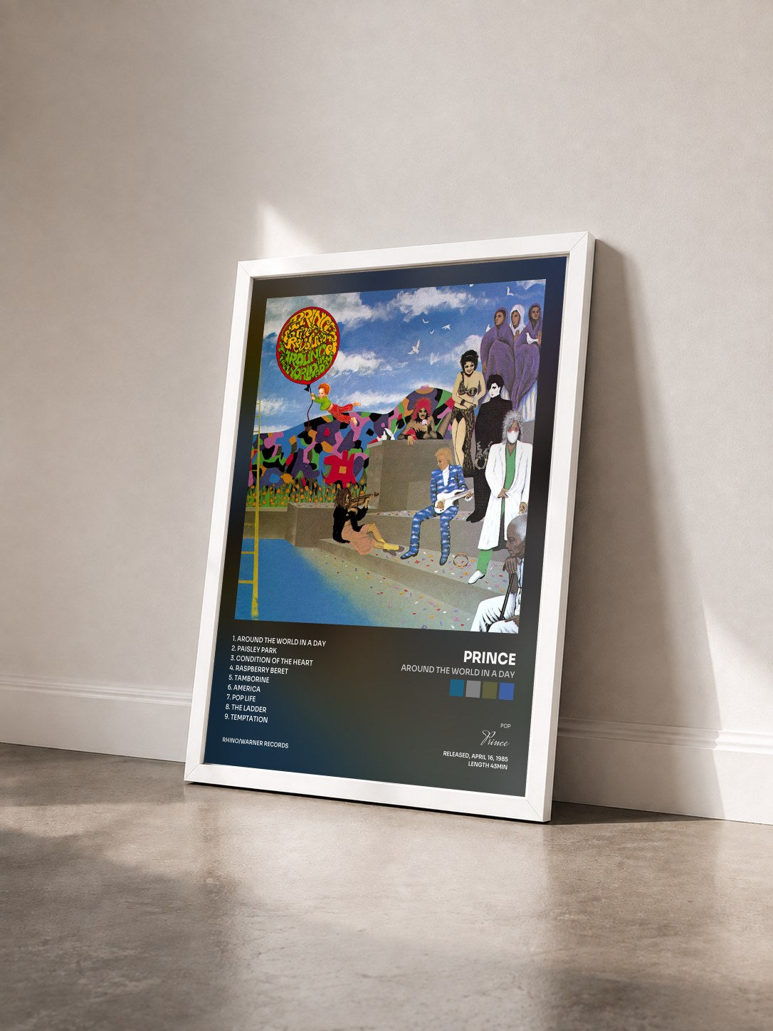 #blanc Tableau de l'album Around the World in a Day de Prince vu de trois quarts, cadre blanc