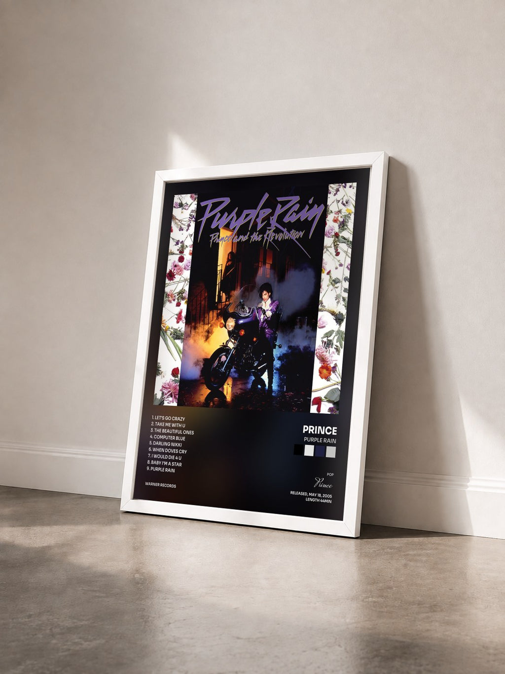 #blanc Tableau de l'album Purple Rain de Prince vu de trois quarts, cadre blanc