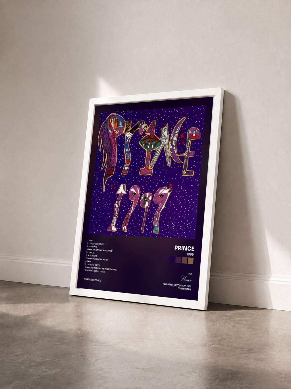 #blanc Tableau de l'album 1999 de Prince vu de trois quarts, cadre blanc