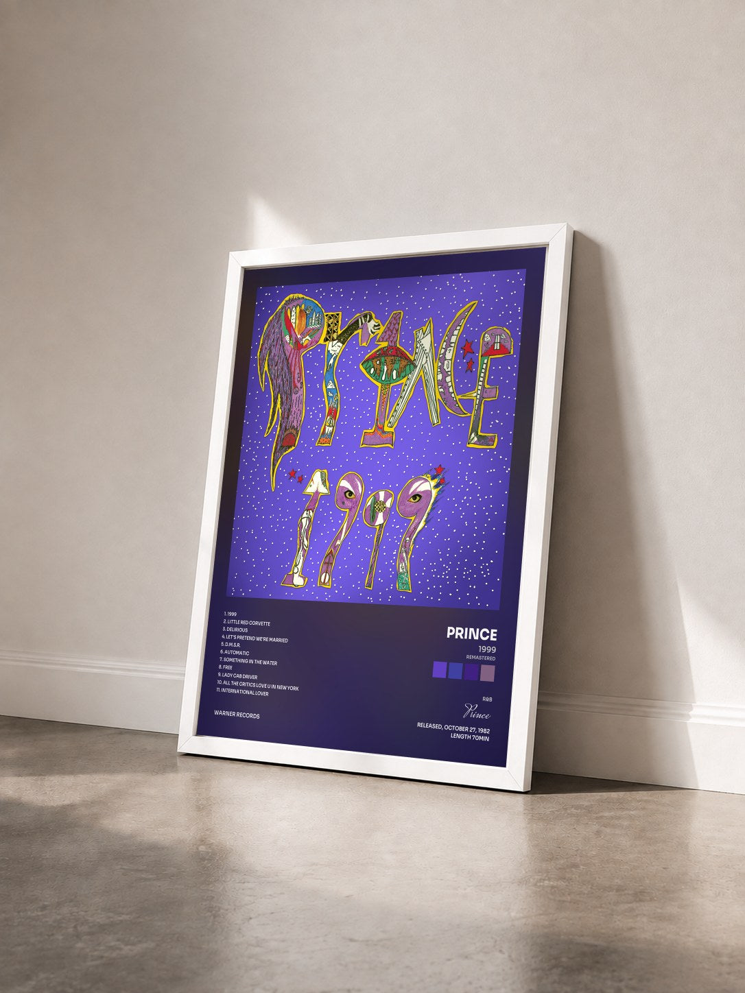 #blanc Tableau de l'album 1999 (Remastered) de Prince vu de trois quarts, cadre blanc