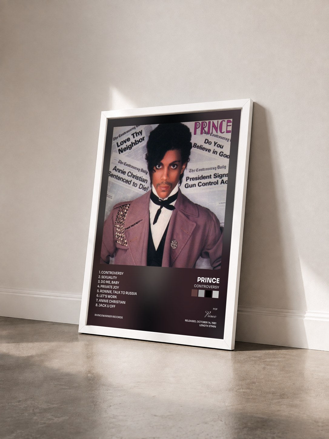 #blanc Tableau de l'album Controversy de Prince vu de trois quarts, cadre blanc