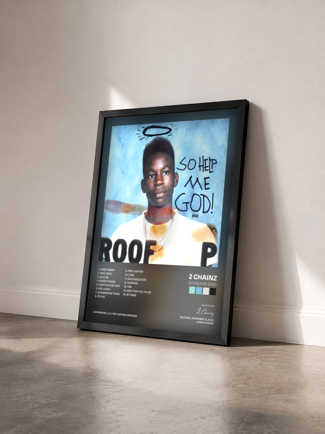 #noir Tableau de l'album So Help Me God! de 2 Chainz vu de trois quarts, cadre noir
