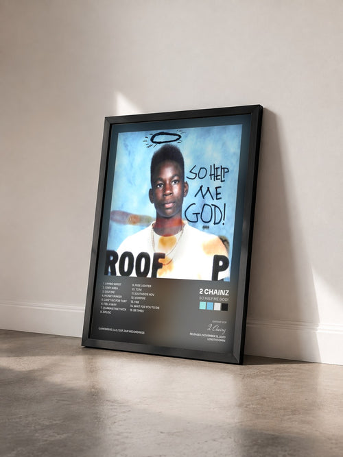 #noir So Help Me God! by 2 Chainz as a framed art print seen at an angle, black frame