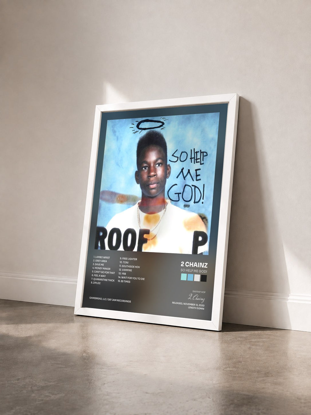#blanc Tableau de l'album So Help Me God! de 2 Chainz vu de trois quarts, cadre blanc