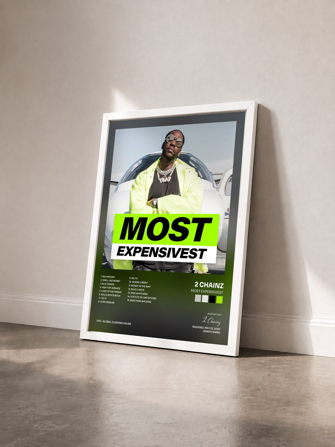 #blanc Tableau de l'album Most Expensivest de 2 Chainz vu de trois quarts, cadre blanc