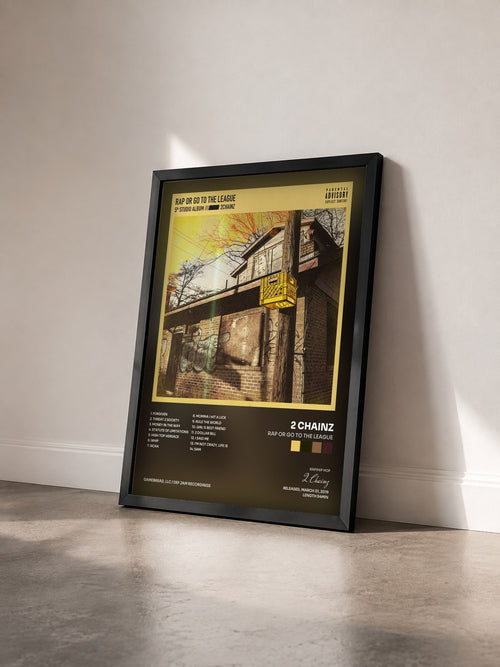 #noir Rap Or Go To The League by 2 Chainz as a framed art print seen at an angle, black frame