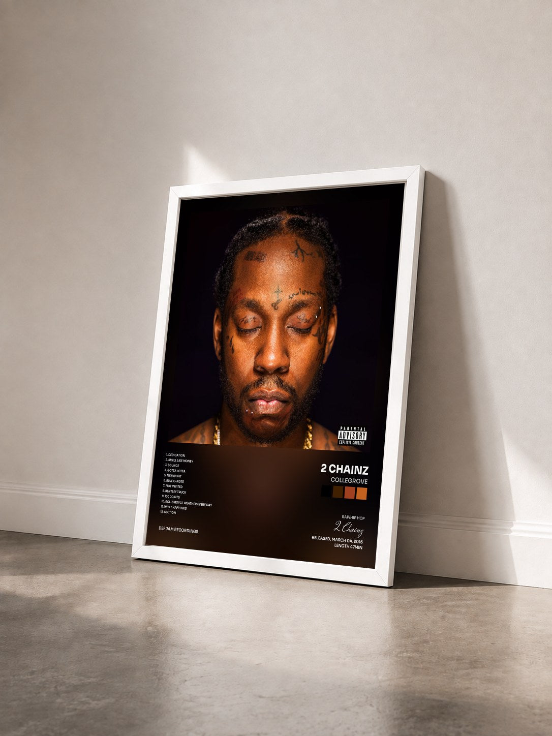#blanc Tableau de l'album COLLEGROVE de 2 Chainz vu de trois quarts, cadre blanc