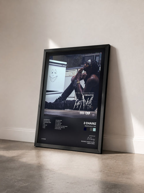 #noir TrapAvelli Tre by 2 Chainz as a framed art print seen at an angle, black frame