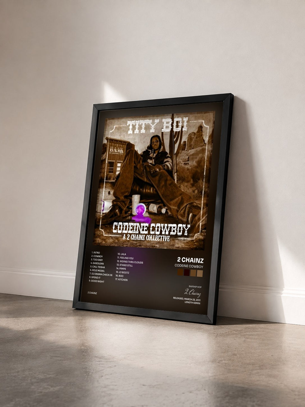 #noir Tableau de l'album Codeine Cowboy de 2 Chainz vu de trois quarts, cadre noir