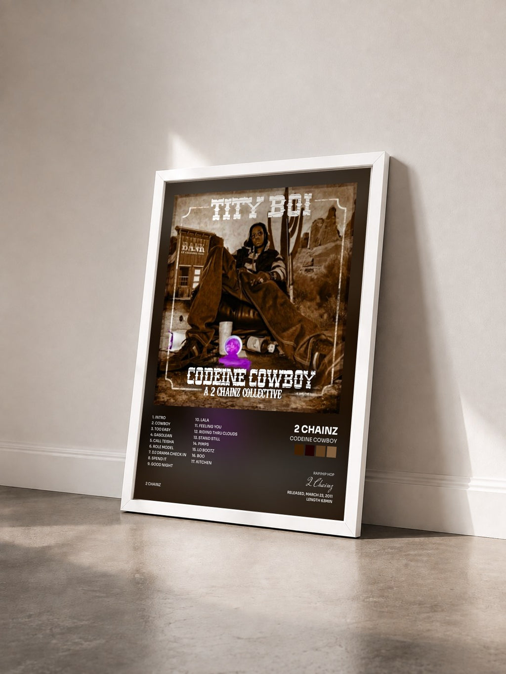 #blanc Tableau de l'album Codeine Cowboy de 2 Chainz vu de trois quarts, cadre blanc