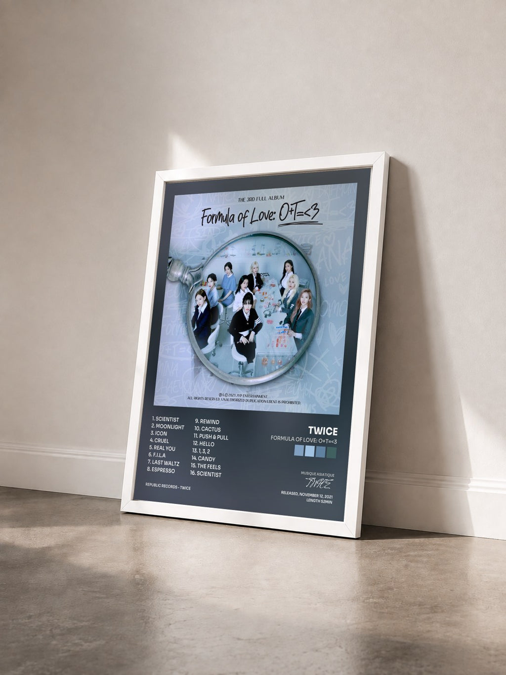 #blanc Formula of Love: O+T=<3 by TWICE as a framed art print seen at an angle, white frame