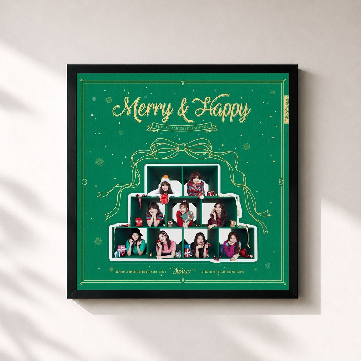 #noir Tableau carré de l'album Merry & Happy de TWICE, cadre noir 32x32 cm