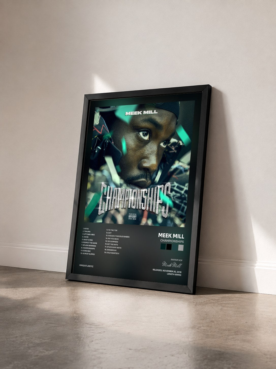 #noir Tableau de l'album Championships de Meek Mill vu de trois quarts, cadre noir