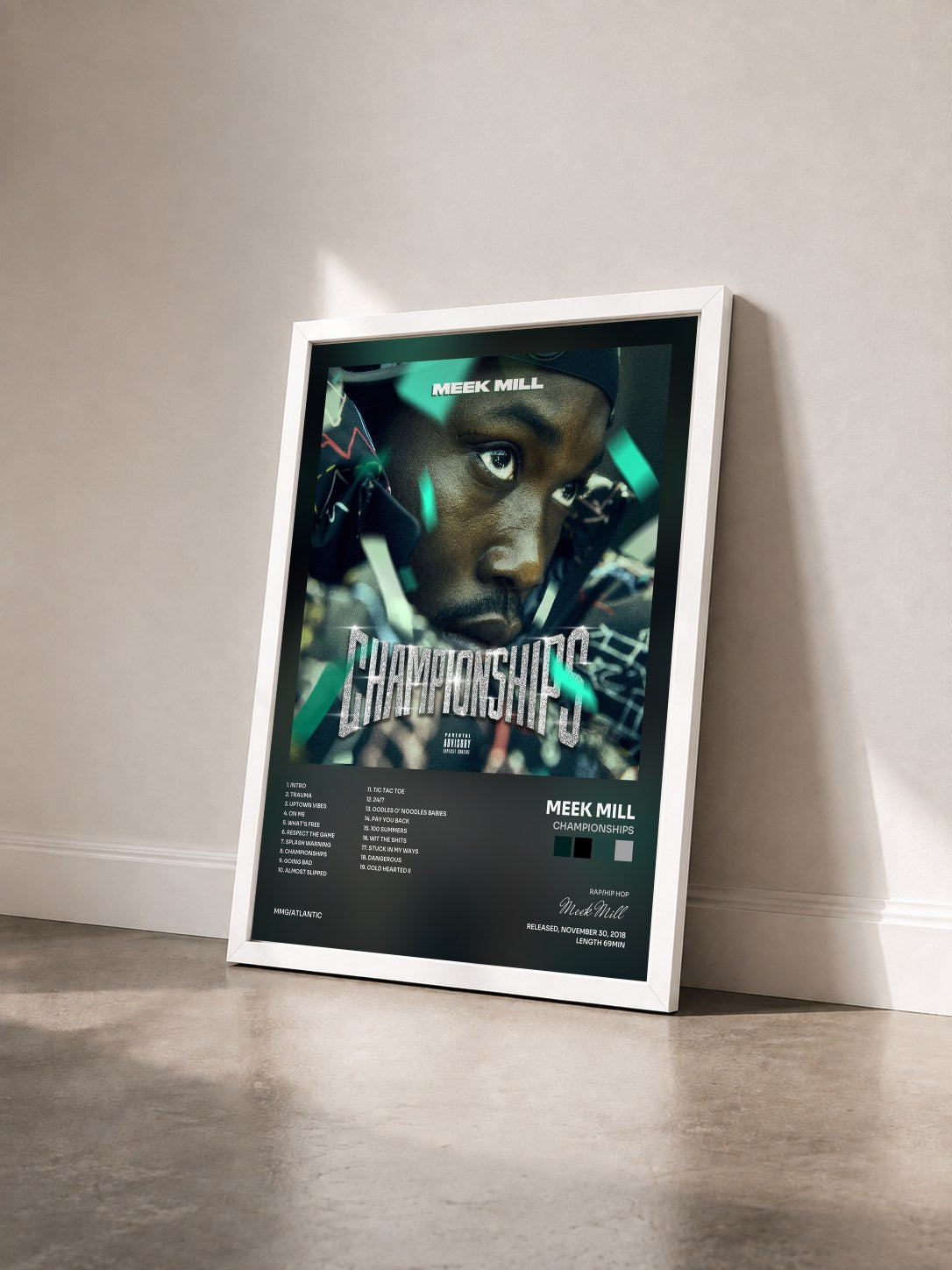 #blanc Tableau de l'album Championships de Meek Mill vu de trois quarts, cadre blanc