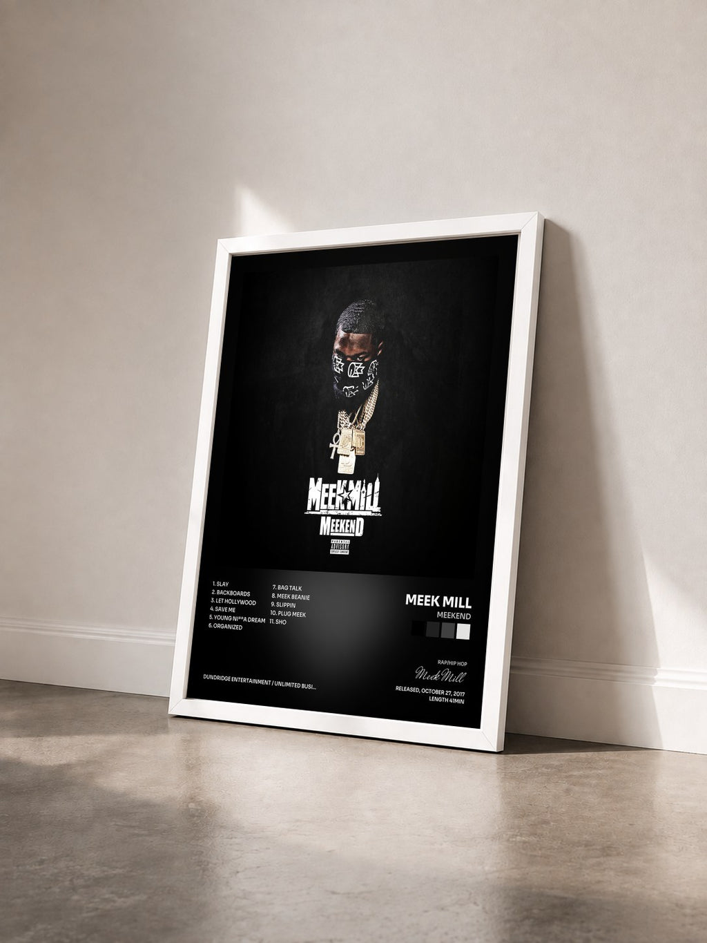 #blanc Tableau de l'album Meekend de Meek Mill vu de trois quarts, cadre blanc