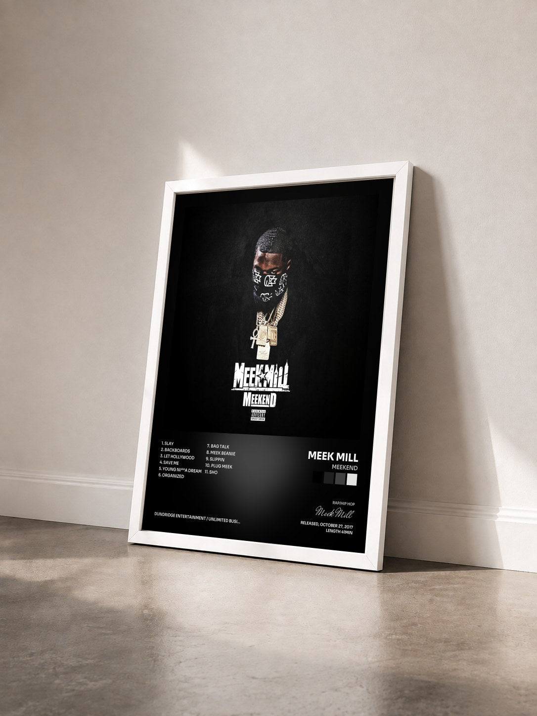 #blanc Tableau de l'album Meekend de Meek Mill vu de trois quarts, cadre blanc