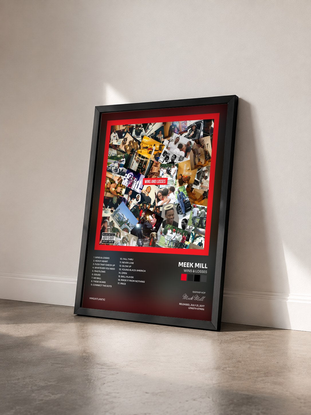 #noir Tableau de l'album Wins & Losses de Meek Mill vu de trois quarts, cadre noir