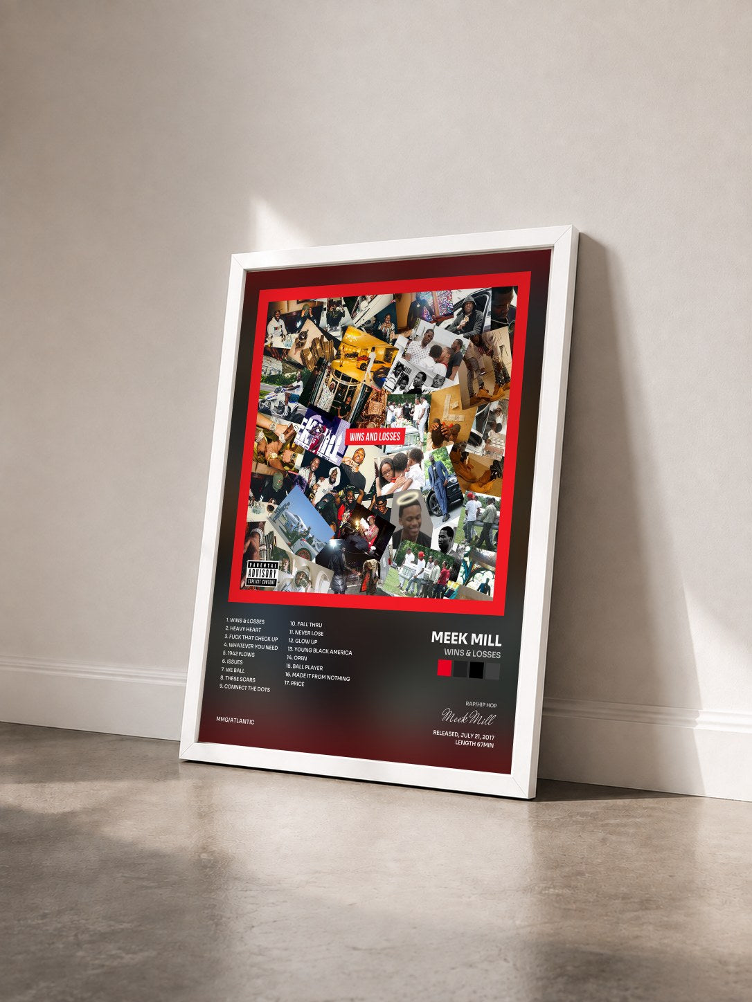 #blanc Tableau de l'album Wins & Losses de Meek Mill vu de trois quarts, cadre blanc