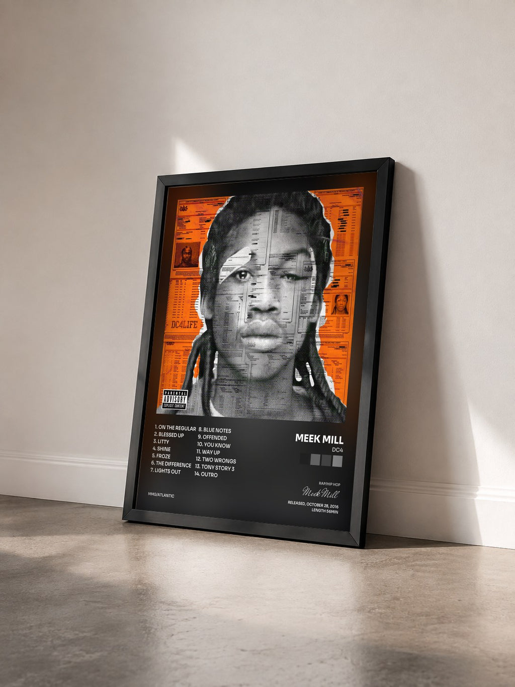 #noir DC4 di Meek Mill in stampa incorniciata vista di tre quarti, cornice nera