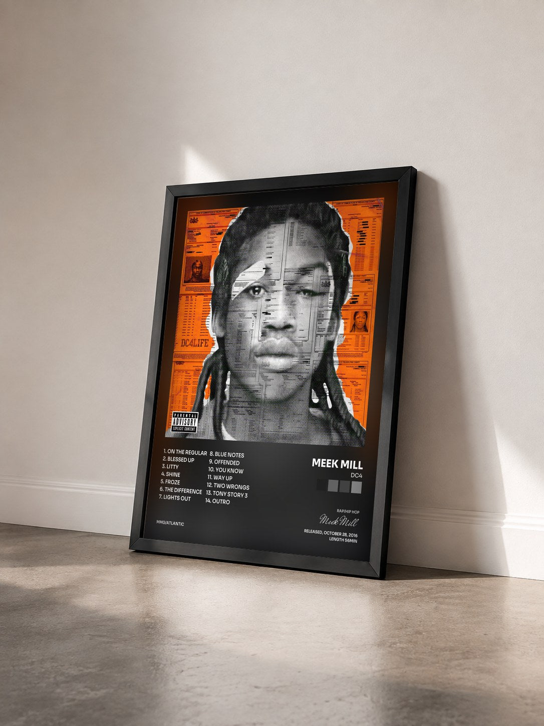 #noir DC4 by Meek Mill as a framed art print seen at an angle, black frame
