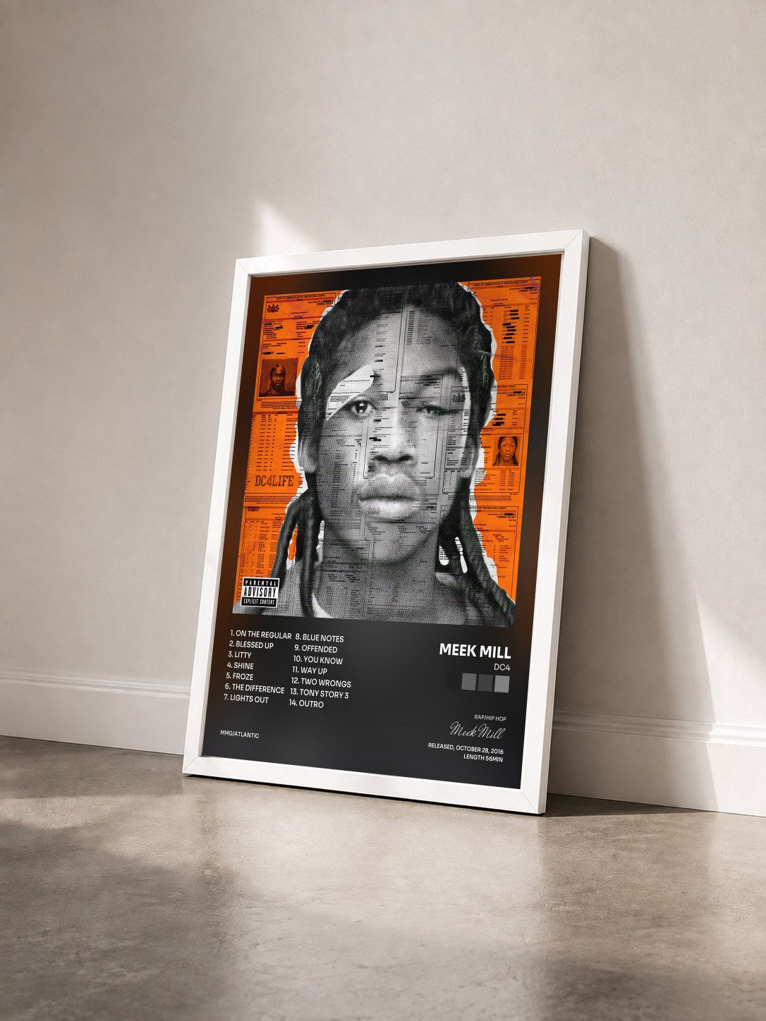 #blanc DC4 by Meek Mill as a framed art print seen at an angle, white frame