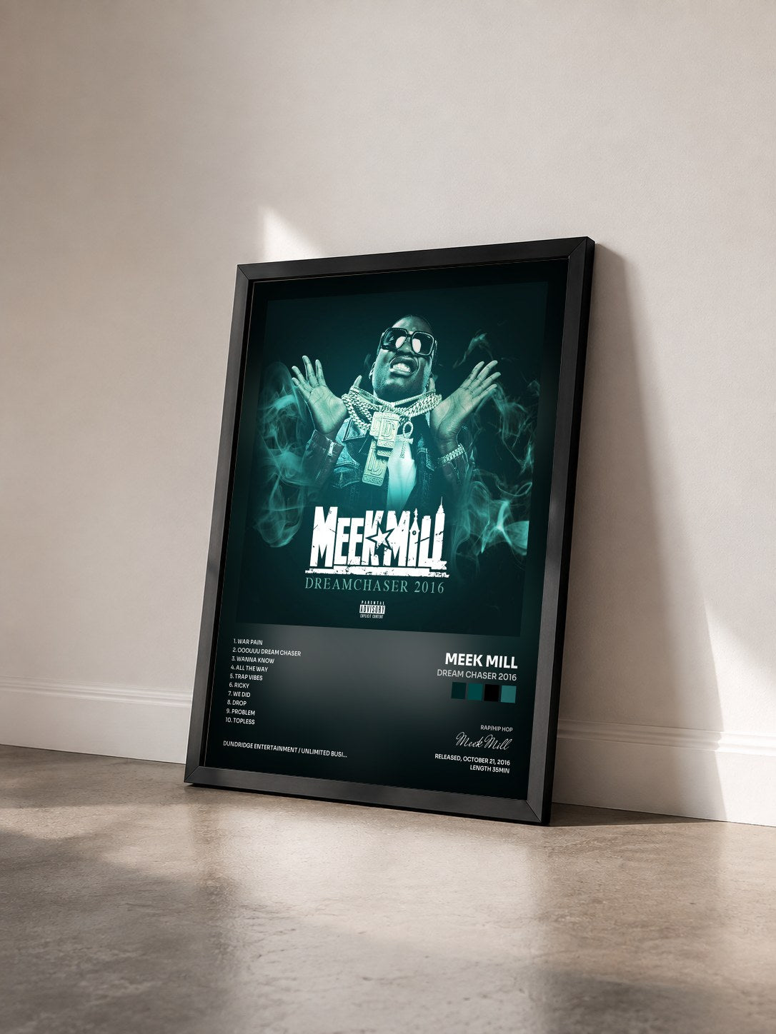 #noir Tableau de l'album Dream Chaser 2016 de Meek Mill vu de trois quarts, cadre noir