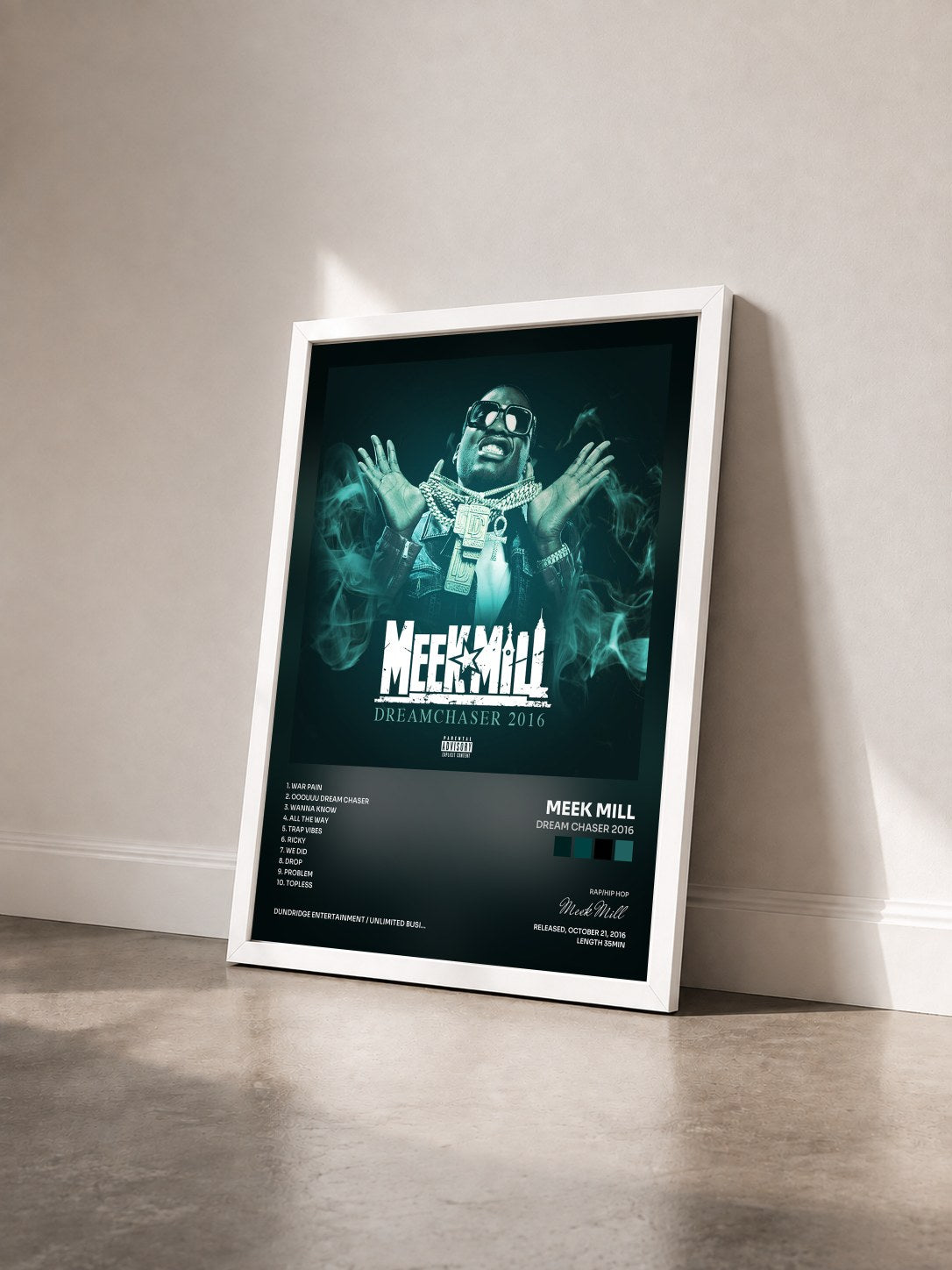 #blanc Tableau de l'album Dream Chaser 2016 de Meek Mill vu de trois quarts, cadre blanc