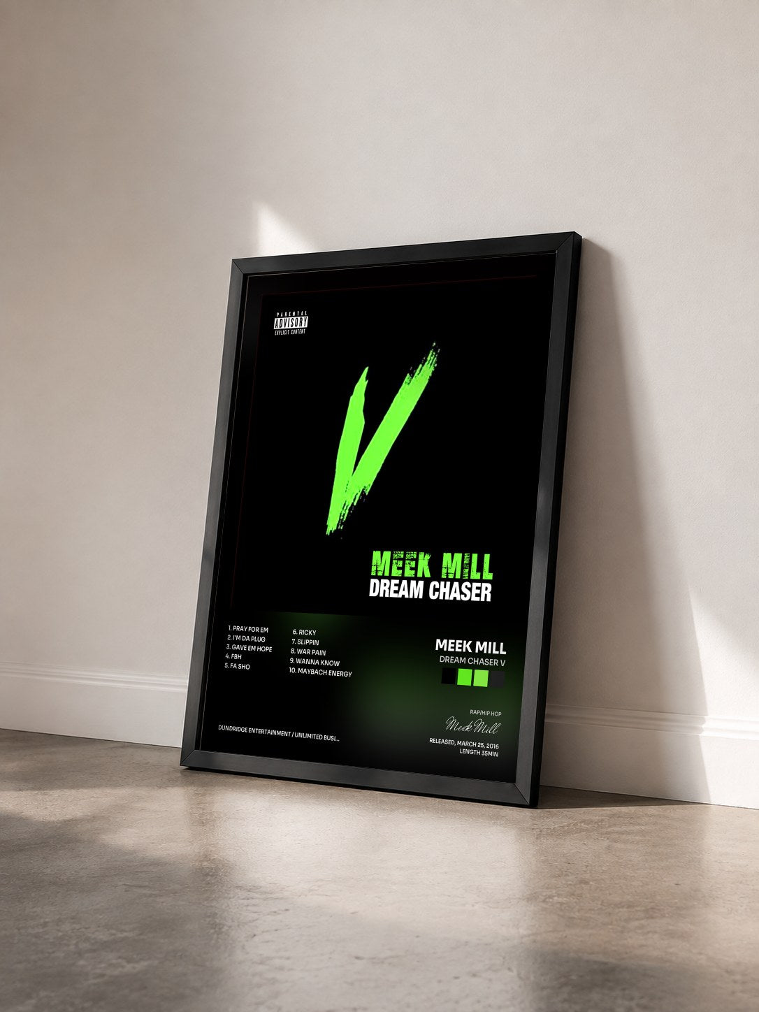 #noir Tableau de l'album Dream Chaser V de Meek Mill vu de trois quarts, cadre noir