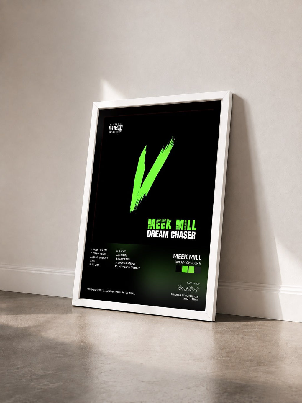 #blanc Tableau de l'album Dream Chaser V de Meek Mill vu de trois quarts, cadre blanc