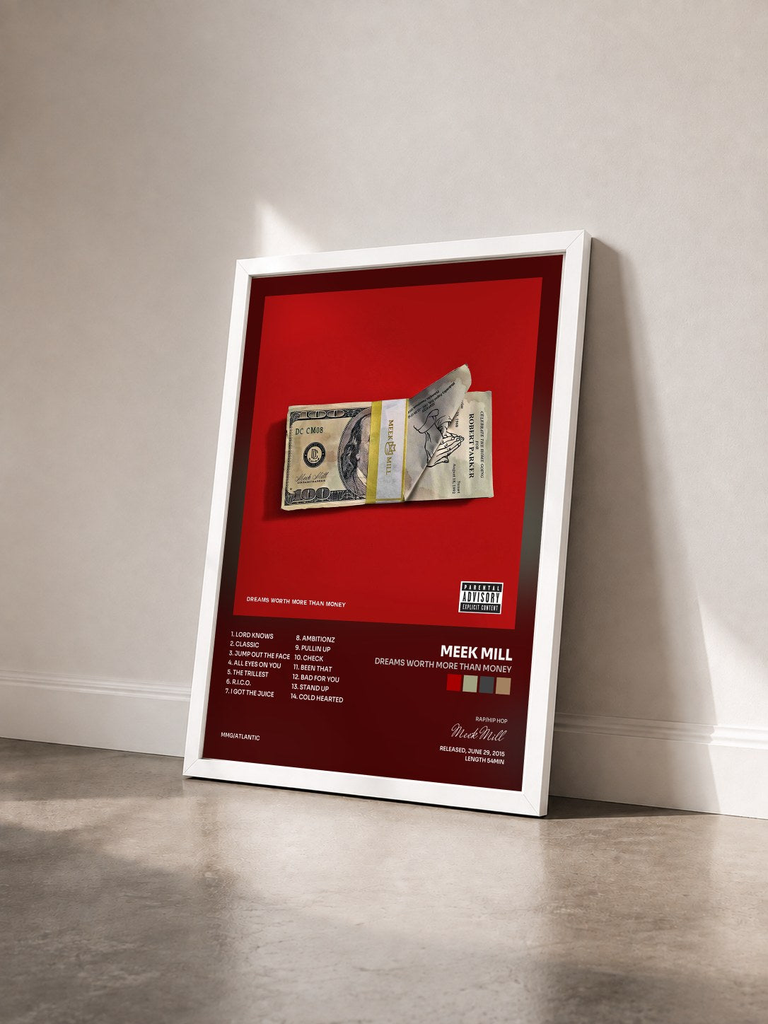 #blanc Dreams Worth More Than Money by Meek Mill as a framed art print seen at an angle, white frame