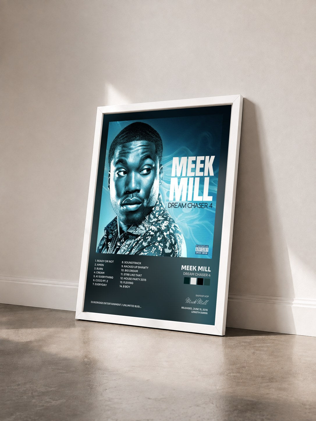 #blanc Tableau de l'album Dream Chaser 4 de Meek Mill vu de trois quarts, cadre blanc