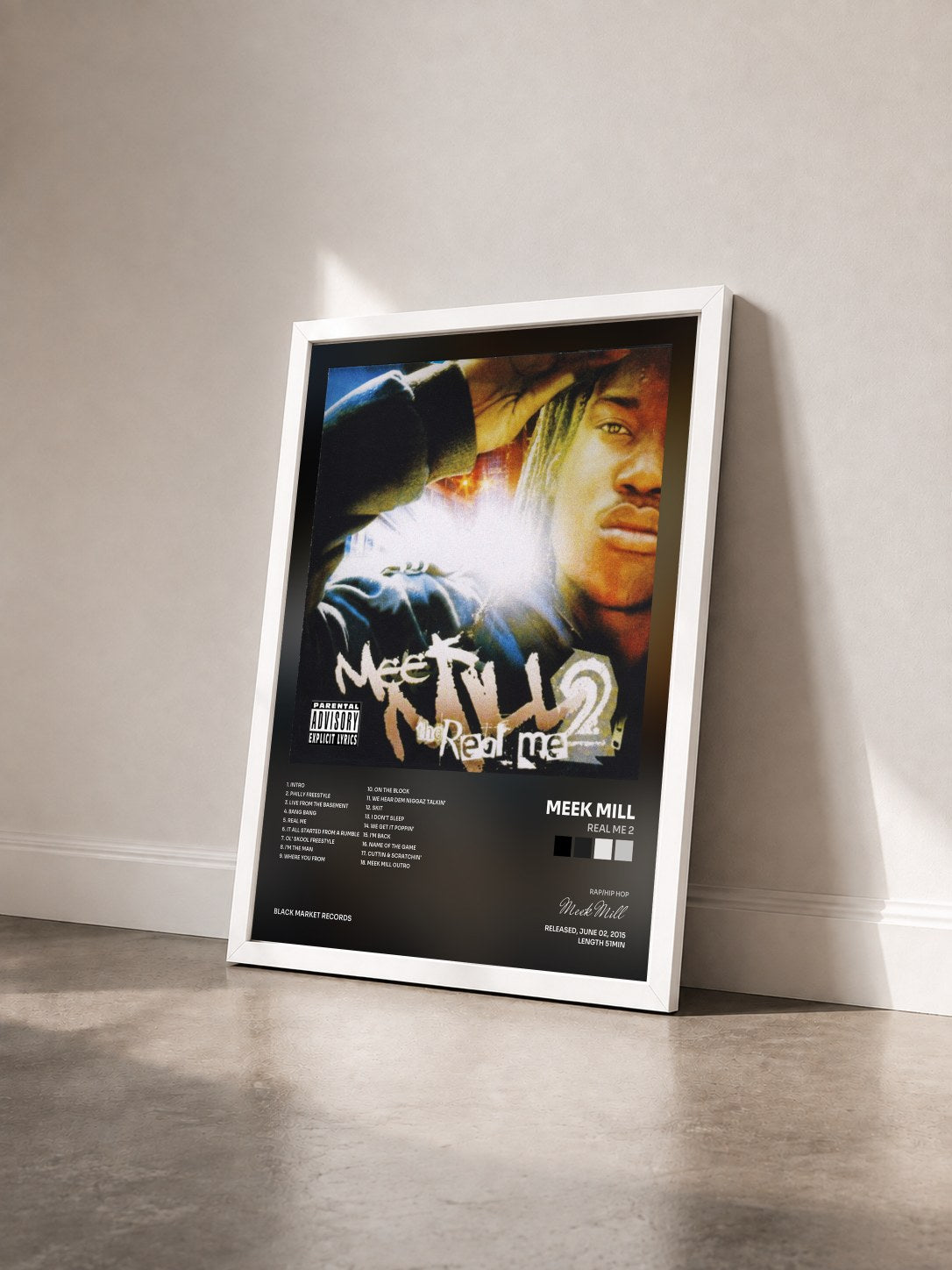 #blanc Tableau de l'album Real Me 2 de Meek Mill vu de trois quarts, cadre blanc