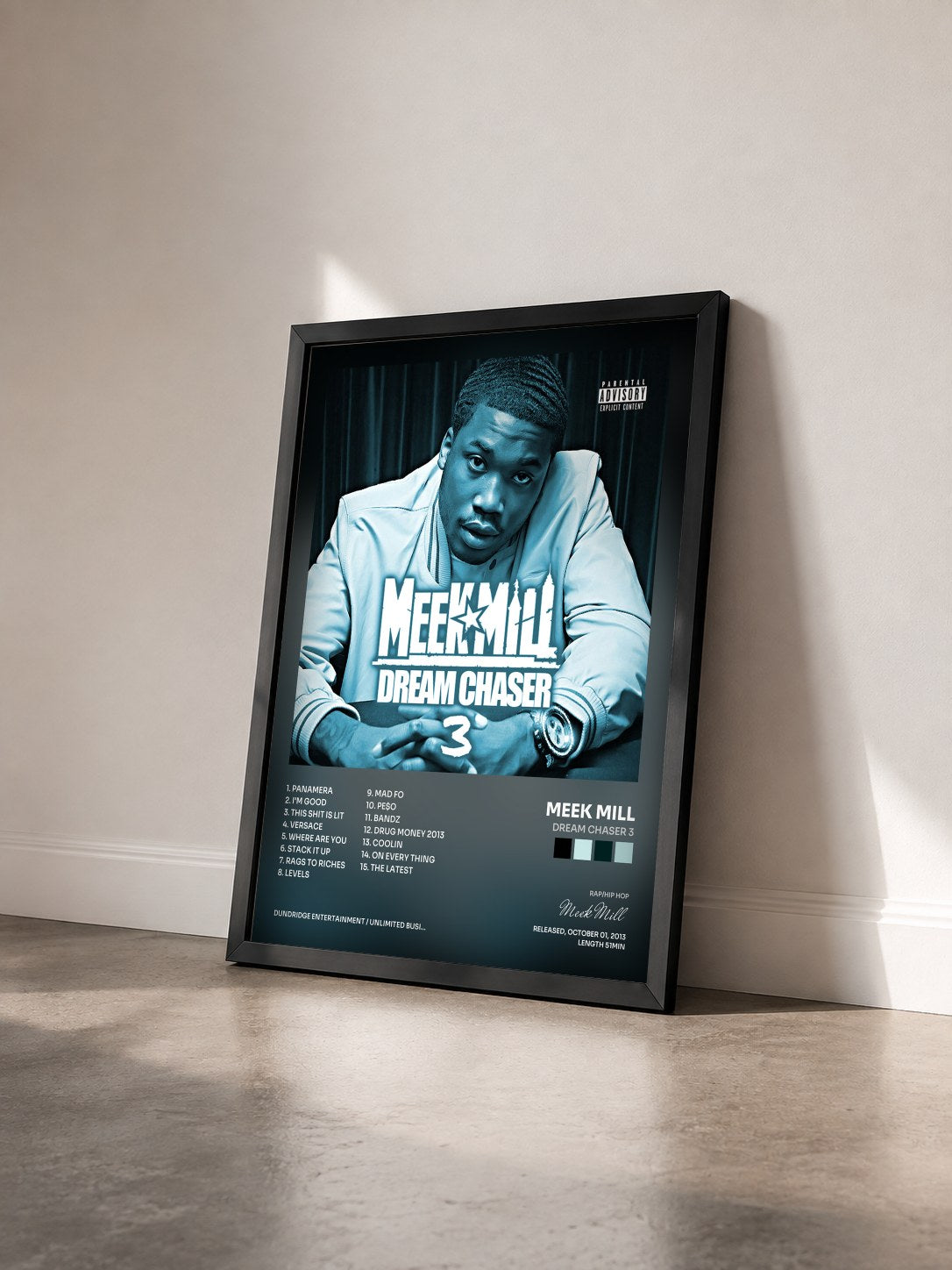 #noir Tableau de l'album Dream Chaser 3 de Meek Mill vu de trois quarts, cadre noir