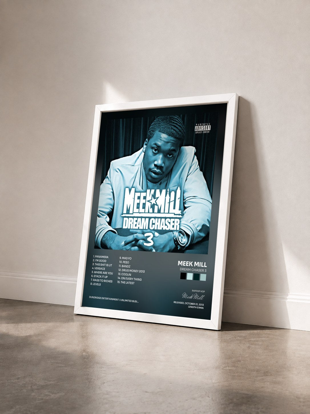 #blanc Tableau de l'album Dream Chaser 3 de Meek Mill vu de trois quarts, cadre blanc