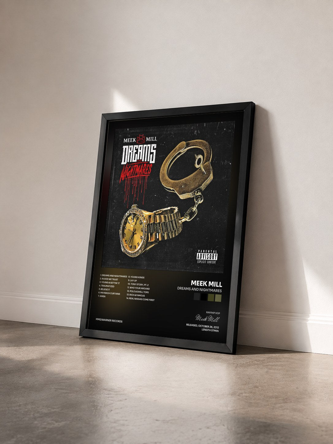 #noir Tableau de l'album Dreams and Nightmares de Meek Mill vu de trois quarts, cadre noir