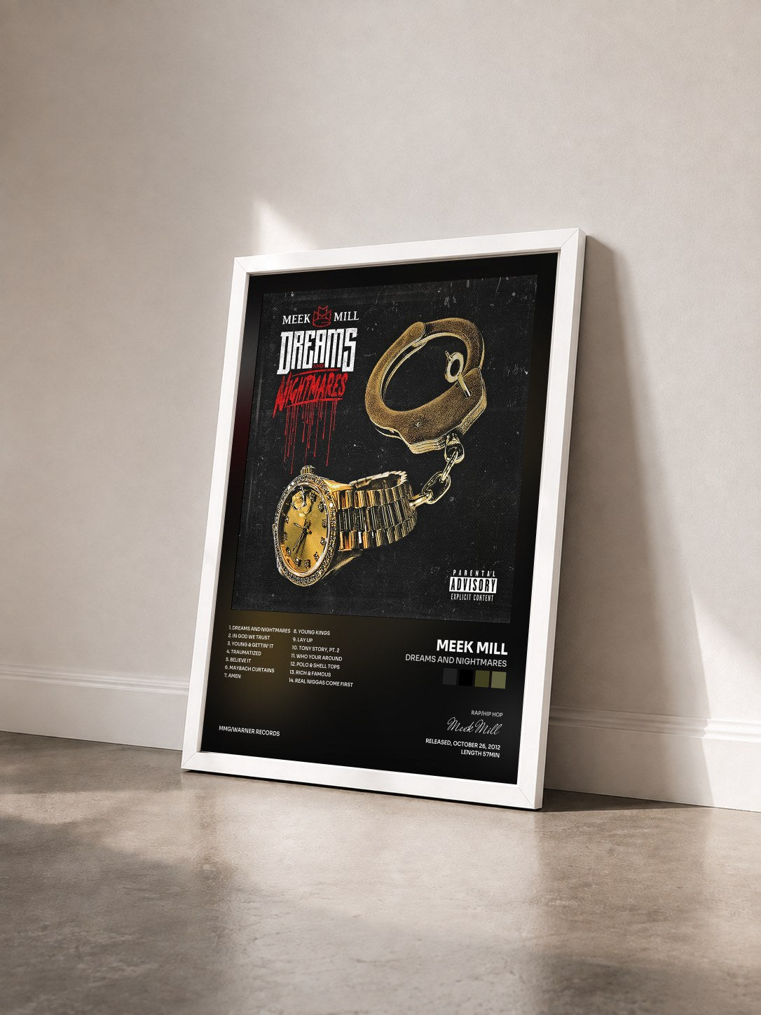 #blanc Tableau de l'album Dreams and Nightmares de Meek Mill vu de trois quarts, cadre blanc