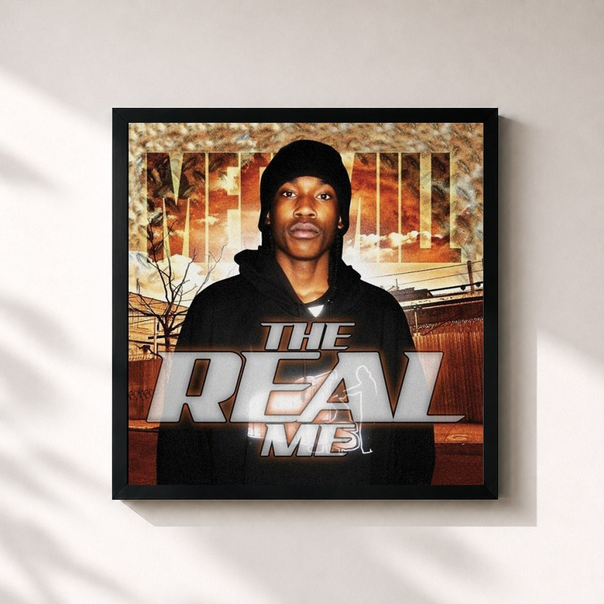 #noir Tableau carré de l'album The Real Me de Meek Mill, cadre noir 32x32 cm